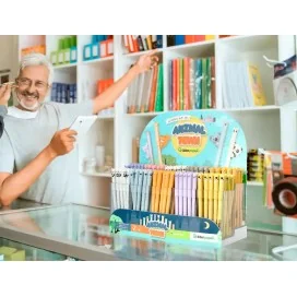 Expositor 250 Esferográficas Fantasia Liderpapel Animal Town Apagável Tinta Azul